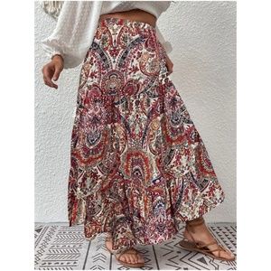 Boho Red Paisley Print Ruffle Maxi Skirt
